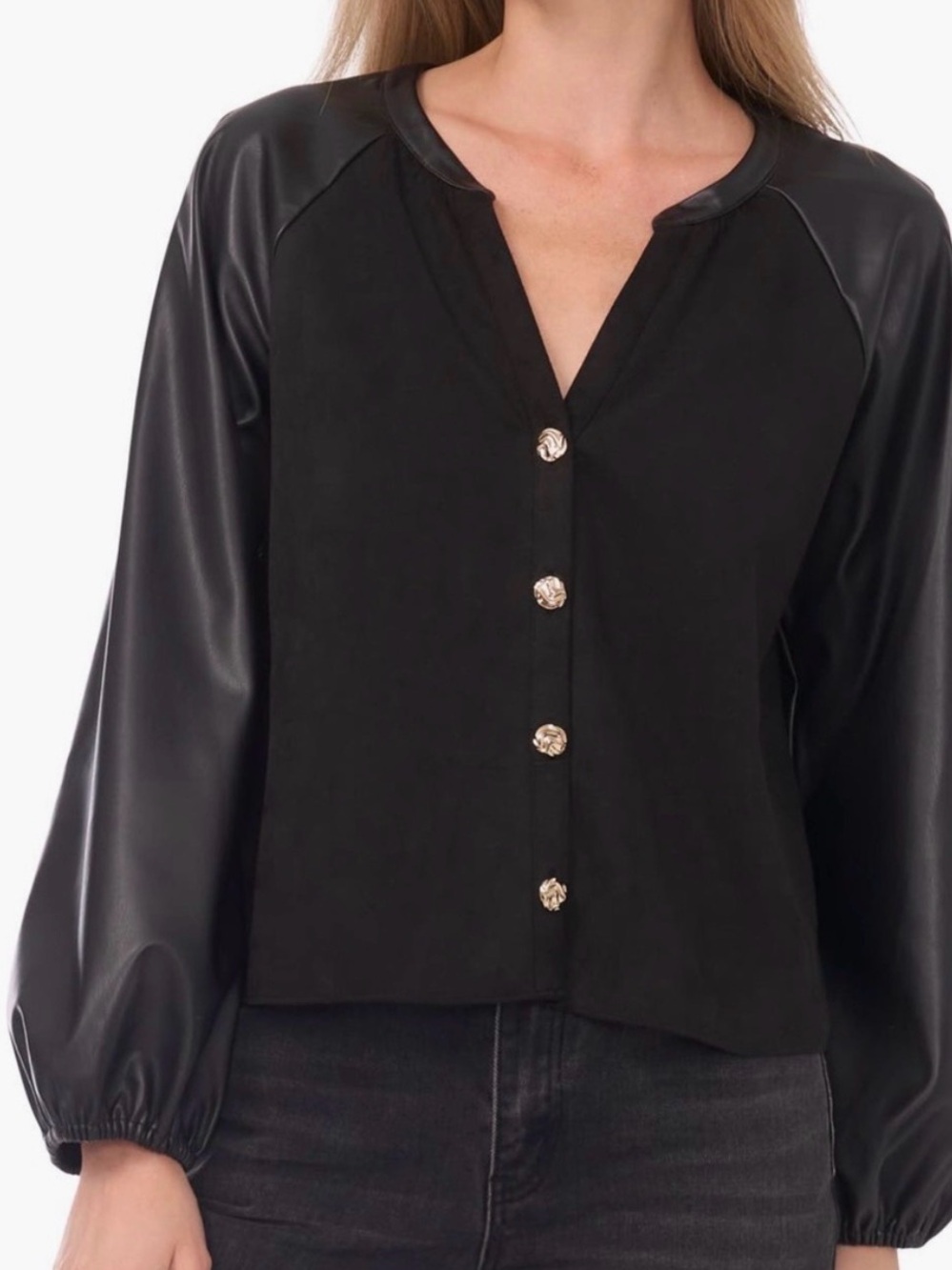 Parker Black Button-Front Women's Jacket with Faux-Leather Sleeves NWT